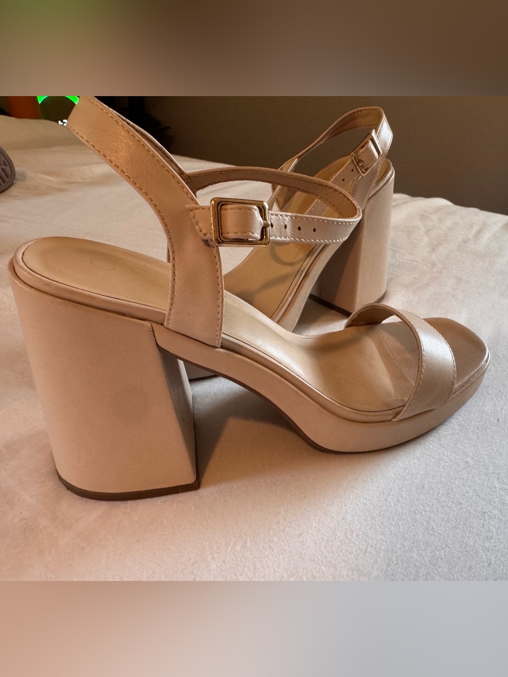 Women's Cream Block Heel Platform Sandals with Ankle Strap